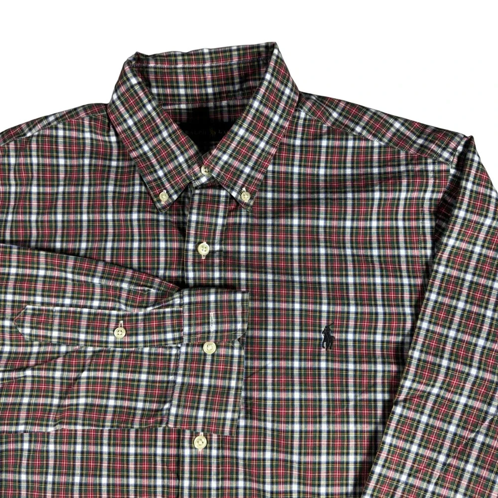 Polo Ralph Lauren Button Down Shirt Mens 16 41 Red Green Plaid Cotton L/S